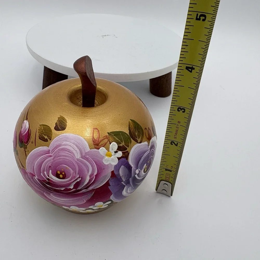 Hand-Painted Wooden Apple Trinket Dish Gold Shimmer‎